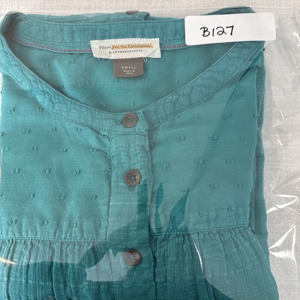 Pilcro Anthropologie Long Sleeve Button Up Blouse Sm Teal Swiss Dot Indie Boho - Picture 16 of 16